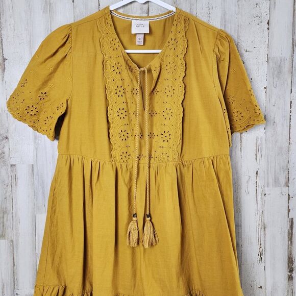 Knox Rose Eyelet Short Sleeve Boho Dress Mustard Size XS - Picture 4 of 11